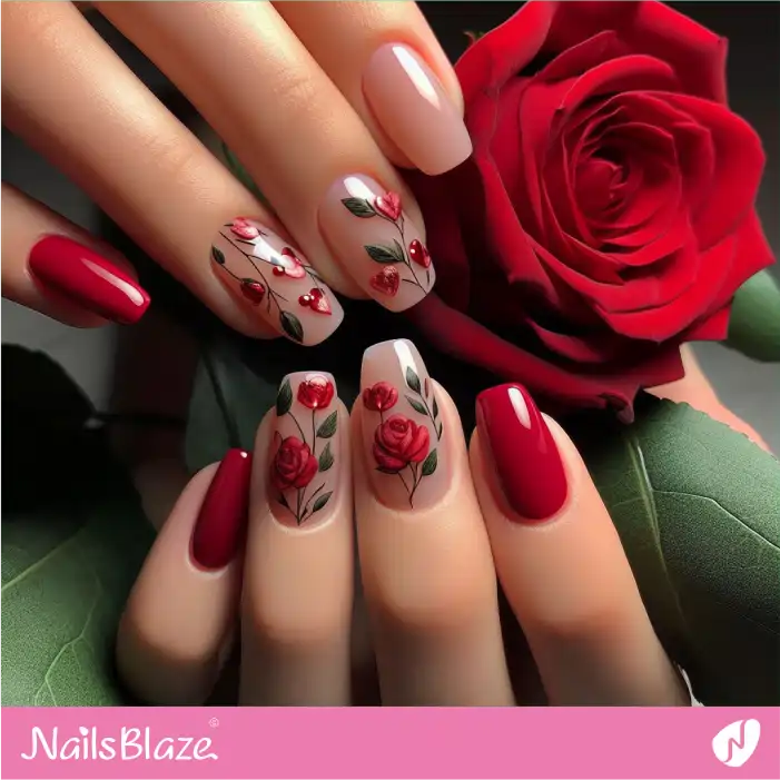 Classy Red Roses Nail Design for Valentine